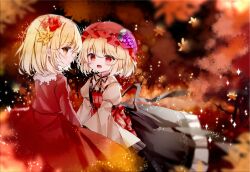  2girls absurdres aki_minoriko aki_shizuha apron black_ribbon black_skirt blonde_hair commentary_request falling_leaves frilled_sleeves frills fruit_hat_ornament grape_hat_ornament hair_ornament hat highres leaf leaf_hair_ornament long_sleeves looking_at_viewer mob_cap multiple_girls neck_ribbon nya_(pixiv_100585577) open_mouth red_apron red_eyes red_shirt red_skirt ribbon shirt short_hair siblings sisters skirt smile touhou wide_sleeves yellow_eyes yellow_shirt 