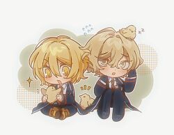  +_+ 1boy 1girl animal animal_on_head baby_animal beak bird bird_on_head bird_wings black_boots black_gloves black_jacket black_pants blonde_hair blush boots brown_boots chibi chibi_only chick collared_shirt don_quixote_(project_moon) eyelashes feathered_wings flying_sweatdrops four-pointed_star full_body gloves hair_between_eyes hands_up holding holding_animal holding_bird id_card jacket lapels limbus_company long_sleeves looking_at_animal looking_down looking_up necktie notice_lines on_head open_clothes open_jacket open_mouth pants project_moon red_necktie shirt short_hair sinclair_(project_moon) sitting smile suspenders white_shirt wings xiao_ganju_nailuo yellow_eyes zzz 