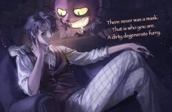  2boys absurdres black_vest cat_mask closed_mouth collared_shirt commentary crossed_legs daan_(fear_&amp;_hunger) english_text eyepatch fear_&amp;_hunger_(series) fear_&amp;_hunger_2:_termina hand_on_another's_shoulder hand_on_own_neck hant_moth67 highres holding holding_scalpel looking_at_another looking_at_viewer male_focus mask medical_eyepatch multiple_boys neck_ribbon pants pocketcat_(fear_&amp;_hunger) purple_hair purple_mask ribbon scalpel shirt short_hair sitting vest white_pants white_ribbon white_shirt 