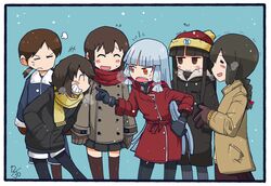  6+girls :d alternate_costume black_eyes black_hair bow brown_hair fubuki_(kantai_collection) grin hair_bow hair_ribbon hat hatsuyuki_(kantai_collection) isonami_(kantai_collection) kantai_collection long_hair low_twintails miyuki_(kantai_collection) multiple_girls murakumo_(kantai_collection) open_mouth rariatto_(ganguri) ribbon scarf shirayuki_(kantai_collection) short_hair smile sweat twintails winter_clothes 