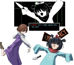  :d alternate_skin_color aqua_(deltarune) aqua_dress black_hair blush_stickers bow brown_hair chara_(undertale) delta_rune_(symbol) delta_rune_print deltarune dress highres jokezm knife purple_robe red_bow red_scarf robe scarf sleeves_past_wrists smile undertale utdr_(toby_fox) video_game_dialogue_box 