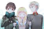  1girl 2boys aldnoah.zero asseylum_vers_allusia bare_shoulders blonde_hair blush brown_eyes brown_hair closed_eyes female kaizuka_inaho long_hair male military military_uniform multiple_boys natsu_(360c) open_mouth short_hair silver_hair slaine_troyard smile uniform 