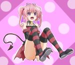  amida_desuyo covering covering_crotch detached_sleeves dress fang long_hair nana_asta_deviluke open_mouth pink_hair shoes sitting smile striped striped_legwear tail thigh-highs to_love-ru twintails violet_eyes 