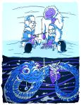  2boys bird blue bucket fish fishing fur_hat fur_trim hat ice ice_fishing monster multiple_boys original penguin sea_serpent setz snot_trail symbol-shaped_pupils underwater ushanka yeti_(creature) 
