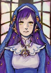  1girl blue_dress blush dress highres jewelry long_hair melty_pristis necklace nun nun_headdress parted_lips purple_hair re:zero_kara_hajimeru_isekai_seikatsu sketch solo stained_glass traditional_nun upper_body varaniaart veil window yellow_eyes 