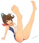  1girl bare_shoulders barefoot brown_eyes brown_hair dark_skin foreshortening hair_ornament high_ponytail i-401_(kantai_collection) kantai_collection legs_up looking_at_viewer open_mouth sailor_collar school_swimsuit simple_background soles solo sts swimsuit swimsuit_under_clothes white_background 