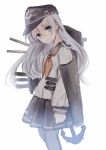 1girl blue_eyes hanekoto hat hibiki_(kantai_collection) kantai_collection long_hair silver_hair turret uniform 