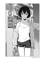  1girl beer_can can chang_chin-lan commentary_request cowboy_shot dated drink_can greyscale highres holding holding_can hongziyuan6 kamiina_botan_yoeru_sugata_wa_yuri_no_hana looking_at_viewer monochrome outdoors parted_lips short_hair shorts solo taiwan_beer tank_top 