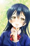  1girl blazer blue_hair finger_to_mouth hair_between_eyes highres light_smile lilylion26 lips long_hair looking_at_viewer love_live!_school_idol_project necktie portrait pov school_uniform solo sonoda_umi white_blouse yellow_eyes 