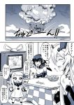  +_+ 3girls :d ahoge anchorage_hime bandaid breasts cleavage comic dress explosion horns kantai_collection kotatsu long_hair minarai mittens monochrome multiple_girls northern_ocean_hime open_mouth ri-class_heavy_cruiser short_hair smile sparkle table television translation_request watching_television 