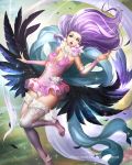  1girl bare_shoulders blue_eyes breasts bustier cleavage clouds dress elbow_gloves flying frilled_skirt frills glint gloves long_hair looking_at_viewer narongchai_singhapand open_mouth pointy_ears purple_hair signature skirt sky solo sparkle wings 