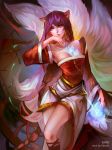  1girl absurdres ahri animal_ears armpits blue_hair braid breasts collarbone detached_sleeves energy_ball fox_ears fox_tail hand_to_own_mouth highres korean_clothes league_of_legends lips long_hair looking_to_the_side multiple_tails off_shoulder parted_lips signature single_braid tail whisker_markings wide_sleeves 