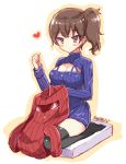  1girl artist_name bikini_top black_legwear breasts brown_eyes brown_hair cleavage_cutout full_body heart holding kaga_(kantai_collection) kantai_collection kaworu_(1030) long_sleeves needle open-chest_sweater ribbed_sweater seiza sewing sewing_needle side_ponytail signature sitting sketch solo sweater thigh-highs turtleneck 
