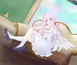  1girl :d absurdres angel_wings black_scrunchie black_shoes blue_archive blue_bow blue_bowtie blue_flower blush bow bowtie breasts bright_pupils buttons capelet commentary couch crossed_legs double-breasted dress dutch_angle english_commentary feathered_wings flower footwear_bow frilled_dress frills full_body gradient_halo hair_bun hair_flower hair_ornament hair_scrunchie halo hand_on_own_knee hand_on_own_shoulder hand_up high_heels highres indoors knee_up long_hair looking_at_viewer low_wings medium_breasts medium_dress mika_(blue_archive) multicolored_halo on_couch open_mouth outstretched_leg pantyhose pink_hair pink_halo pumps raised_eyebrows scrunchie shoes side_up_bun single_side_bun sitting sleeveless sleeveless_dress smile solo underbust variant_set very_long_hair white_capelet white_dress white_pantyhose white_pupils white_wings wing_ornament wings wrist_scrunchie yellow_eyes yozora_takayama 