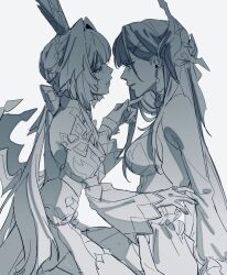  2girls bare_shoulders cerydra_(honkai:_star_rail) commentary crown earrings eye_contact from_side highres honkai:_star_rail honkai_(series) hysilens_(honkai:_star_rail) jewelry long_hair long_sleeves looking_at_another mini_crown monochrome multiple_girls parted_lips pointing pointing_at_another profile scar scar_on_face simple_background star23no upper_body very_long_hair white_background yuri 