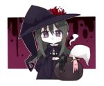  1girl :&lt; akemi_homura black_hair cauldron chibi fc_(efushii) flower hat kyubey long_hair looking_at_viewer mahou_shoujo_madoka_magica simple_background solo spider_lily violet_eyes white_background witch witch_hat 