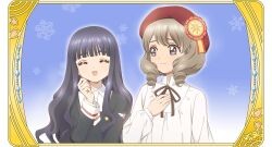  2girls ^_^ black_hair blue_background blue_eyes border brown_hair cardcaptor_sakura closed_eyes closed_mouth daidouji_tomoyo hand_on_own_chest hand_up hat long_hair multiple_girls necktie official_art open_mouth ornate_border red_hat ringlets school_uniform shinomoto_akiho shirt short_hair smile snowflake_background split_mouth third-party_source tomoeda_middle_school_uniform white_necktie white_shirt 