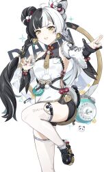  1girl absurdres bare_shoulders black_hair blush braid braided_twintails character_name china_dress chinese_clothes cowboy_shot detached_sleeves dialyn_(zenless_zone_zero) dress earrings hair_extensions hair_ornament highres jewelry leg_up long_hair looking_at_viewer multicolored_hair multicolored_nails necktie open_mouth panda_hair_ornament ring_hair_extensions simple_background solo split-color_hair standing standing_on_one_leg thigh-highs umiinu_(umi_inu11) white_background white_hair white_thighhighs yellow_eyes yellow_necktie zenless_zone_zero 