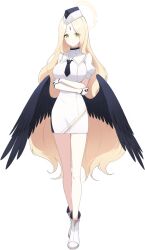  1girl ayumu_(blue_archive) black_necktie black_wings blonde_hair blue_archive boots breasts collared_dress dress feathered_wings forehead_jewel full_body game_asset garrison_cap gloves green_eyes half_gloves halo hat highres large_breasts long_hair looking_at_viewer low_wings necktie official_alternate_costume official_art pencil_dress schale_logo short_dress short_necktie simple_background solo standing transparent_background two-tone_hat utnapishtim_operator_uniform_(blue_archive) very_long_hair wavy_hair white_boots white_dress white_gloves wings yellow_halo 