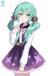 1girl arms_at_sides birthday blush date_a_live dress green_hair hair_ornament hairclip happy_birthday highres kyouno_natsumi lime_ill_10 long_hair long_sleeves looking_at_viewer purple_dress simple_background solo standing star_(symbol) star_hair_ornament star_print twintails white_background 