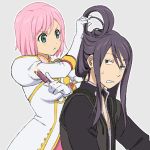  1boy 1girl adjusting_hair black_hair blush comb estellise_sidos_heurassein gloves green_eyes hairdressing kaisen long_hair pink_hair short_hair sweatdrop tales_of_(series) tales_of_vesperia yuri_lowell 