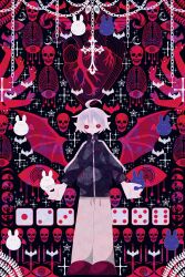  1boy abstract_background absurdres ahoge bat_(animal) black_jacket boku_(isizakitakasi) bright_pupils chain commentary_request dice drawstring grey_hair heart_(organ) highres jacket jewelry kuzuha_(nijisanji) looking_at_viewer nijisanji pointy_ears red_eyes red_shoes ribs ring shoes short_hair skull solo star_(symbol) track_jacket virtual_youtuber white_pupils wide_shot zipper zipper_pull_tab 