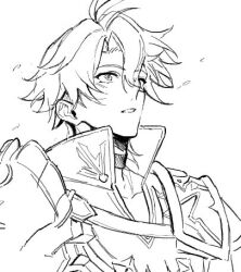  1boy antenna_hair armor blush chest_belt choker coat collarbone commentary cropped_shoulders hair_between_eyes honkai:_star_rail honkai_(series) kano_kano_777 looking_up lowres male_focus monochrome neck_tattoo phainon_(honkai:_star_rail) short_hair shoulder_armor simple_background solo sun_symbol sun_tattoo tattoo teeth 