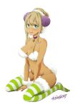  1girl alessandra_susu animal_costume bikini blonde_hair blue_eyes blush earrings highres horns jewelry kazuo_daisuke long_hair sheep_costume sitting smile solo striped striped_legwear swimsuit tail thigh-highs tokyo_7th_sisters wariza 