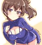  1girl artist_name bikini_top breasts brown_eyes brown_hair cleavage_cutout cowboy_shot kaga_(kantai_collection) kantai_collection kaworu_(1030) large_breasts leaning_forward long_sleeves looking_at_viewer open-chest_sweater ribbed_sweater side_ponytail signature sketch solo sweater turtleneck 