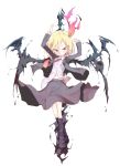  1girl adapted_costume arms_up black_wings blonde_hair boots hair_ribbon highres jacket kuroneko_no_toorimichi long_sleeves navel necktie open_clothes open_jacket red_eyes ribbon rumia shirt skirt solo touhou wings 