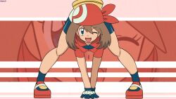  1girl bambi2000line bandana bike_shorts blue_eyes brown_hair child commentary dynamic_pose excercise fanny_pack full_body game_freak gloves highres lolicon looking_at_viewer may_(pokemon) one_eye_closed open_mouth pokemon pokemon_(anime) pokemon_the_series:_ruby_and_sapphire pose questionable red_bandana red_shirt shirt solo white_gloves 