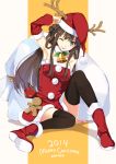  1girl ;p alternate_costume antlers armpits bell black_eyes black_legwear boots brown_hair detached_sleeves dojikko_pose double_bun hao_(patinnko) hat highres kantai_collection kongou_(kantai_collection) long_hair looking_at_viewer red_boots reindeer_antlers revision santa_costume santa_hat sitting solo thighhighs tongue tongue_out wink zettai_ryouiki 