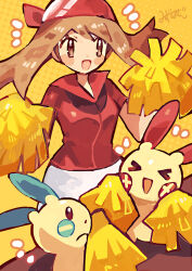 1girl bandana bike_shorts brown_eyes brown_hair cheerleader closed_eyes commentary_request highres may_(pokemon) minun minus_sign mizuhase_(pororon) open_mouth pikaclones plus_sign plusle pokemon pokemon_(creature) pokemon_ruby/sapphire/emerald red_bandana red_shirt shirt yellow_background 