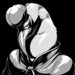  animal animal_focus bear bird character_request check_copyright clothed_animal copyright_request evil_smile fishingmanmax grey_hair hat head_tilt horror_(theme) long_neck looking_at_viewer original smile smirk solo 