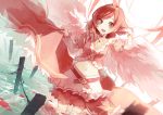  1girl angel_wings asuka_(louyun) asymmetrical_clothes belt bracelet hand_in_hair jewelry juliet_sleeves long_sleeves love_live!_school_idol_project midriff navel nishikino_maki open_mouth petals puffy_short_sleeves puffy_sleeves red_eyes redhead ribbon shirt short_sleeves skirt smile solo tiara water wings 