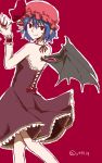  1girl alternate_costume bat_wings blue_hair bow cup dress fang hat highres red_eyes remilia_scarlet ribbon short_hair sketch smile solo syn touhou wine_glass wings 