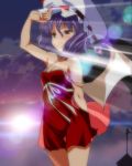  1girl alternate_costume bat_wings bondance012 breasts camisole casual cleavage dress highres light_trail mob_cap purple_hair red_dress red_eyes remilia_scarlet short_hair solo touhou wind wings 