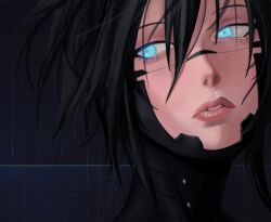 1girl android black_hair blue_eyes elster_(signalis) eyelashes glowing glowing_eye looking_to_the_side medium_hair portrait robot_girl short_hair signalis yurmay