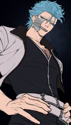  1boy absurdres aqua_eyeliner belt bleach bleach:_sennen_kessen-hen blue_eyes blue_hair broken_mask coat commentary_request eyeliner film_grain from_below grimmjow_jaegerjaquez grin hands_on_own_hips highres korean_commentary makeup male_focus mask multiple_belts n_(nauki_11) scar scar_on_chest smile solo white_belt white_coat 