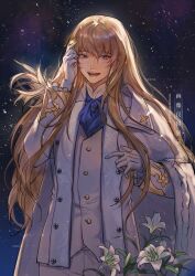  1boy absurdres arm_up ascot bishounen blonde_hair blue_ascot blue_eyes brooch cape chinese_commentary collared_cape commentary_request commission cowboy_shot fate/grand_order fate_(series) feathers flower frilled_sleeves frills gloves gold_trim hair_between_eyes hand_up highres holding jacket jewelry kirschtaria_wodime lily_(flower) long_hair long_sleeves looking_at_viewer male_focus open_clothes open_jacket open_mouth pants sample_watermark side_cape smile solo star_(symbol) suit teeth vest watermark white_cape white_feathers white_flower white_gloves white_jacket white_lily white_pants white_suit white_vest zhongmu 