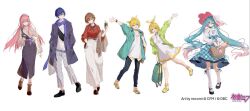 2girls 4boys aqua_eyes aqua_hair aqua_jacket aqua_skirt artist_name bag black_pants black_shoes blonde_hair blue_hair bow bread brown_eyes brown_hair brown_shoes commentary_request company_name copyright_notice cup dress food full_body gradient_hair grey_pants hair_between_eyes hair_bow hands_in_pockets hat hatsune_miku holding holding_bag holding_cup jacket kagamine_len kagamine_rin kaito_(vocaloid) leg_up logo long_hair megurine_luka meiko_(vocaloid) multicolored_hair multiple_boys multiple_girls necomi official_art pants pink_hair pink_hat purple_hair red_shirt second-party_source shirt shoes short_hair skirt socks standing suspender_skirt suspenders very_long_hair vocaloid white_background white_dress white_pants white_shirt white_socks yellow_shoes 