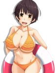  1girl bikini blush breasts brown_eyes brown_hair idolmaster idolmaster_cinderella_girls innertube ky_kosuke large_breasts looking_at_viewer navel oikawa_shizuku short_hair simple_background smile solo swimsuit white_background 