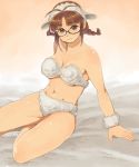  1girl ahoge akizuki_ritsuko animal_costume animal_ears antenna_hair arm_support bikini blush braid breasts brown_eyes brown_hair chiaki_rakutarou cleavage glasses headband highres idolmaster large_breasts midriff navel sheep_costume sheep_ears short_hair solo swimsuit twin_braids wristband 