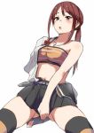  bandeau brown_eyes brown_hair character_request idolmaster idolmaster_cinderella_girls japanese_clothes kantai_collection long_hair midriff navel open_clothes open_mouth open_shirt sakamoto-cat shouhou_(kantai_collection) shouhou_(kantai_collection)_(cosplay) skirt skirt_tug taut_clothes tubetop 
