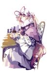  1girl blonde_hair capelet chair crowd cup dress fingerless_gloves gloves hair_ribbon hat hat_removed headwear_removed light_smile long_hair long_sleeves looking_at_viewer mob_cap pink_eyes ribbon shuzi sitting smile solo table teacup touhou tress_ribbon very_long_hair white_dress white_gloves wide_sleeves yakumo_yukari 