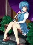  1girl barefoot blue_dress blue_hair commentary_request dress geta heterochromia juliet_sleeves kozue_akari long_sleeves looking_at_viewer puffy_sleeves rain sitting solo tatara_kogasa touhou 