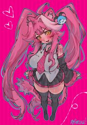  1girl ahoge animal_ears aqua_border arm_tattoo artist_name bare_shoulders black_choker black_skirt black_sleeves black_thighhighs blush border breasts character_hair_ornament chattino_(raora_panthera) choker collared_shirt commentary cosplay fang grey_shirt hair_intakes hair_ornament hatsune_miku hatsune_miku_(cosplay) heart highres hololive hololive_english huge_breasts long_hair long_sleeves looking_at_viewer multicolored_hair mythrunadraw necktie open_mouth panther_ears panther_girl panther_tail pink_background pink_hair pink_necktie pink_tail raora_panthera shirt skirt smile streaked_hair tail tattoo thigh-highs thighs twintails two-tone_hair virtual_youtuber vocaloid yellow_eyes 