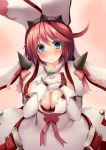  1girl blue_eyes blush bow breasts cleavage dd_mayohara elphelt_valentine gloves guilty_gear guilty_gear_xrd hat large_breasts looking_at_viewer pink_hair short_hair smile solo 