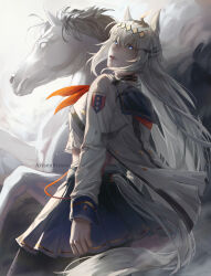  1girl ahoge animal_ears arisenkisses black_pantyhose blue_eyes blue_sailor_collar blue_skirt breasts brooch closed_mouth commentary creature_and_personification ear_ornament eye_trail grey_hair grey_tail hair_between_eyes hairband highres horse horse_ears horse_girl horse_tail jacket jewelry light_trail long_hair long_sleeves multicolored_hair neckerchief oguri_cap_(racehorse) oguri_cap_(starlight_beat)_(umamusume) oguri_cap_(umamusume) pantyhose personification pleated_skirt real_life red_neckerchief sailor_collar shirt skirt star_brooch tail umamusume white_jacket white_shirt 