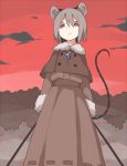  1girl akagashi_hagane alternate_costume animal animal_ears brown_dress clouds dowsing_rod dress empty_eyes expressionless fur_trim grey_hair holding jewelry long_sleeves mouse mouse_ears mouse_tail nazrin pendant red_eyes red_sky short_hair sky solo tail touhou winter_clothes 